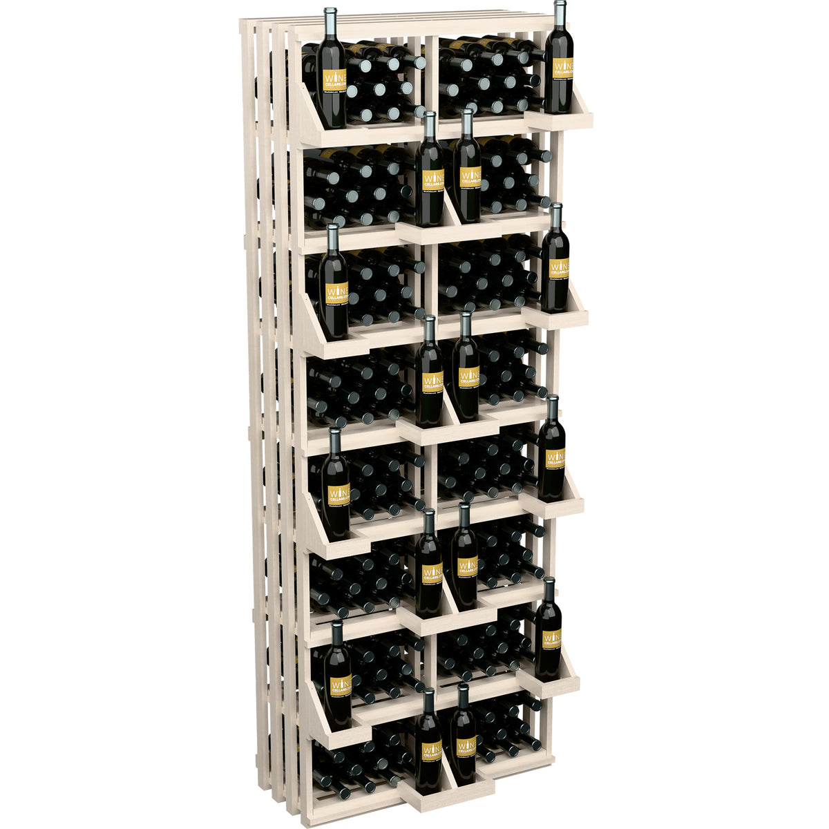 Wine bottle wall display with bulk bins, whitewashed shelves holding black wine bottles