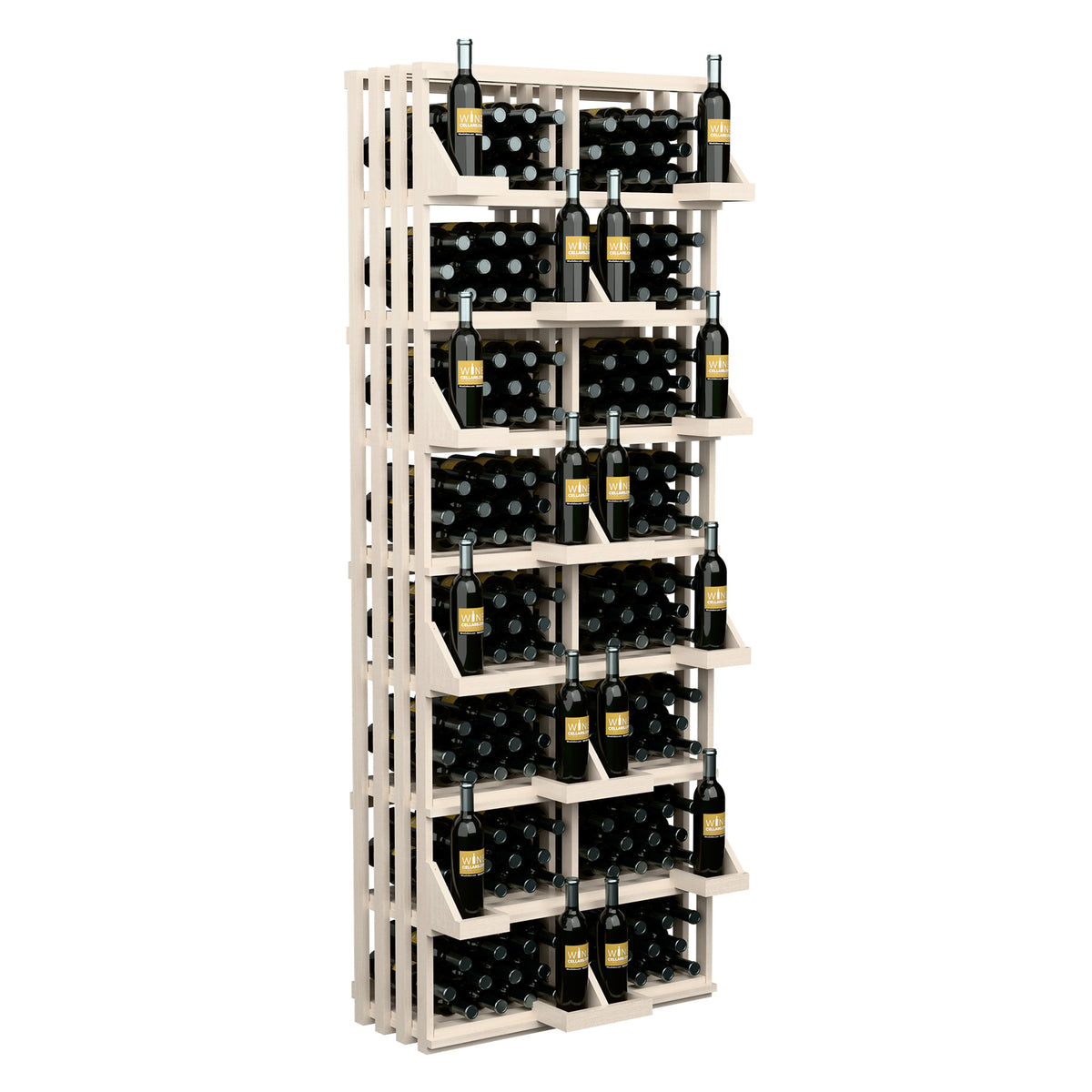 Wine bottle storage display with bulk bins, white frame with multiple bottle rows
