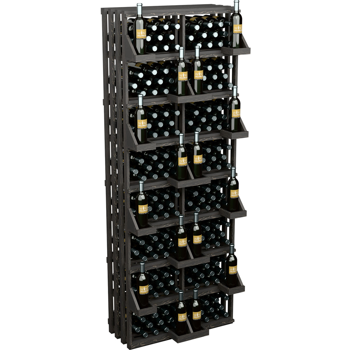 Dark-stained wood wine bottle wall display rack with slatted frame and bottle shelves