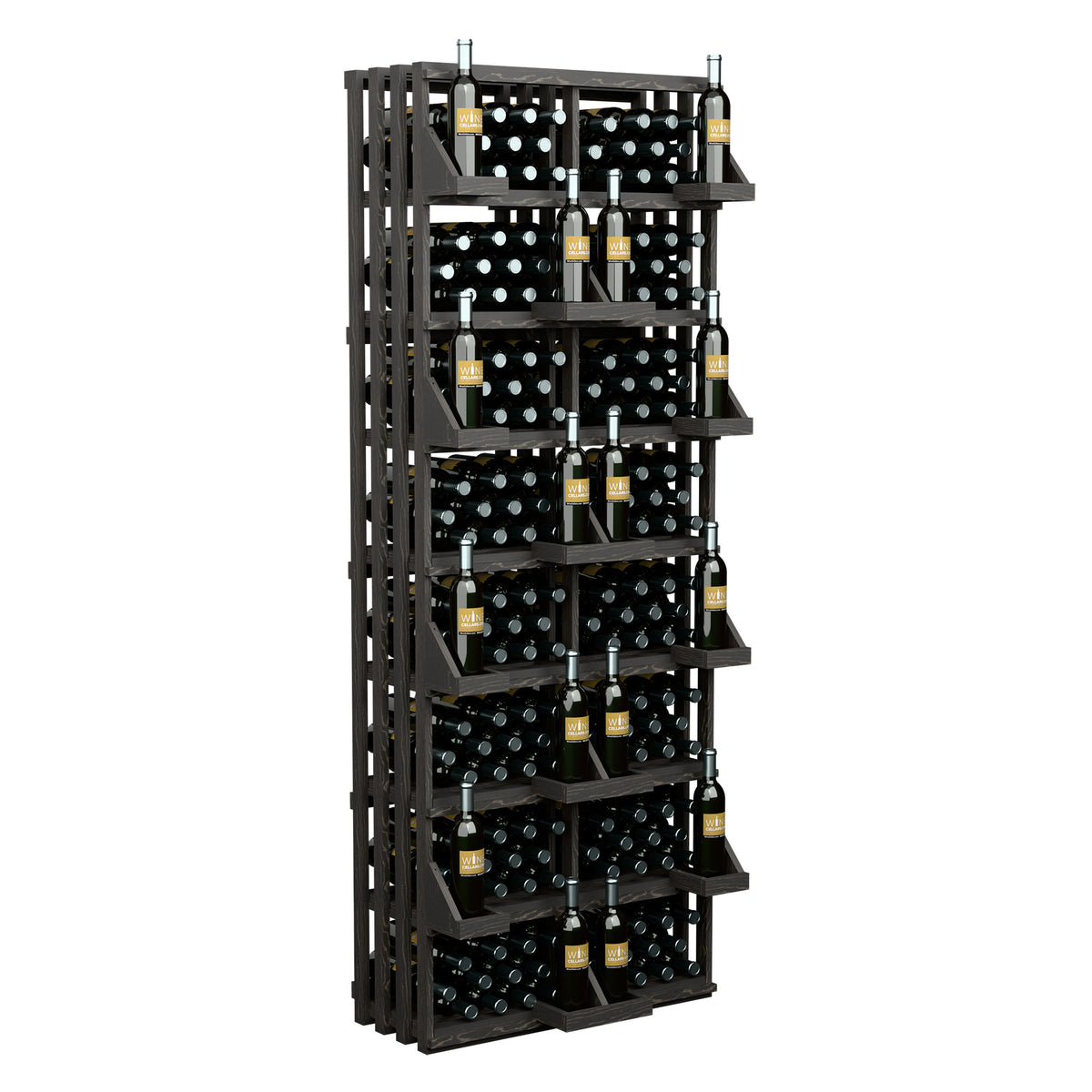 Grey wood 208-bottle wall display with tiered wine bottle cradles and bulk bins