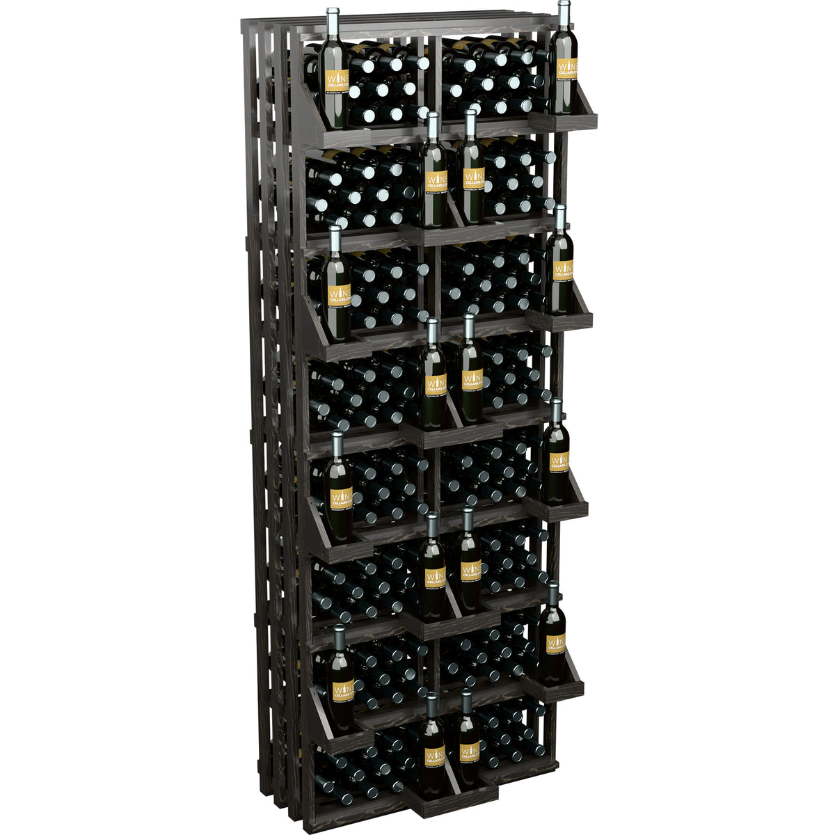 Wine bottle wall display with bulk bins, dark wood frame and stacked wine bottles