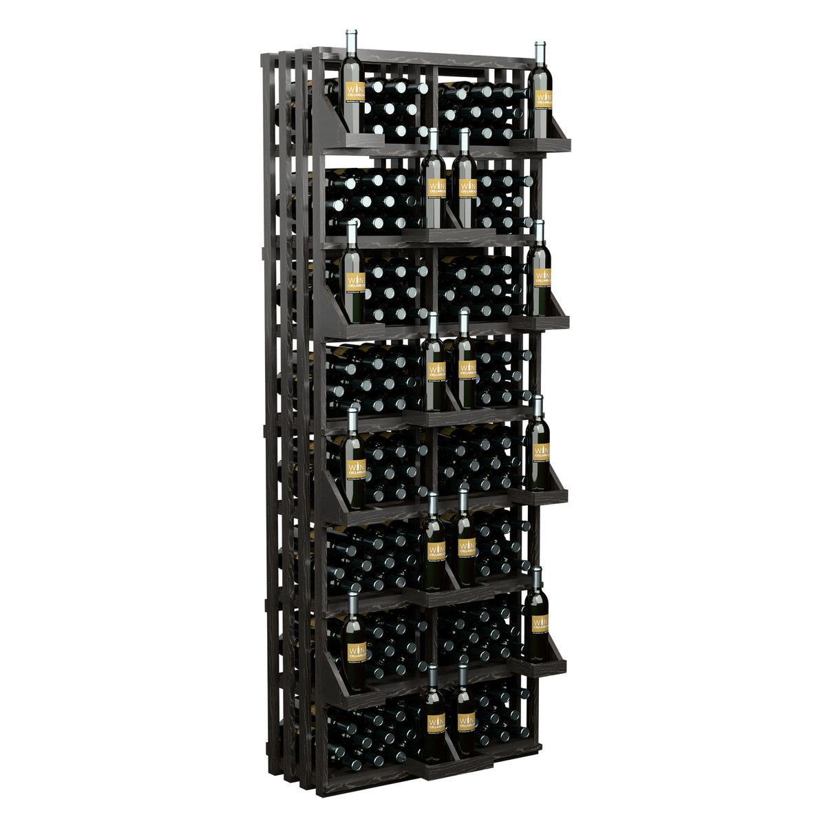 Wine bottle storage display with bulk bins, black shelving with multiple rows of bottles