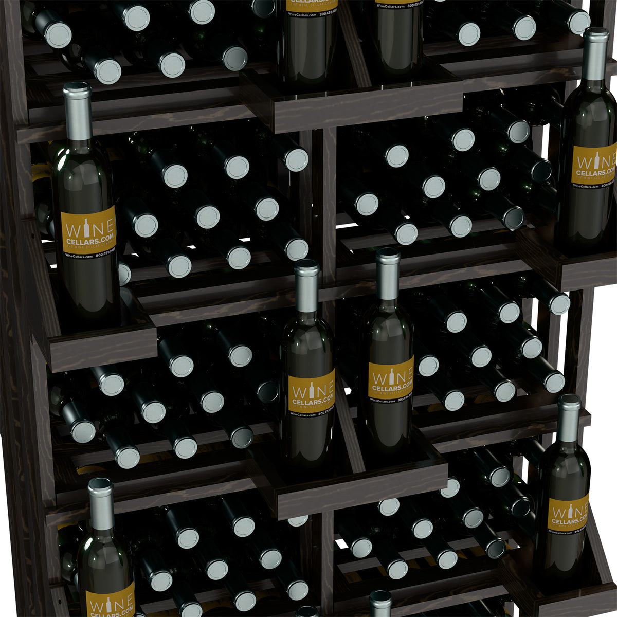 Close-up of dark wine bottle rack, black bins and shelves with rows of bottles