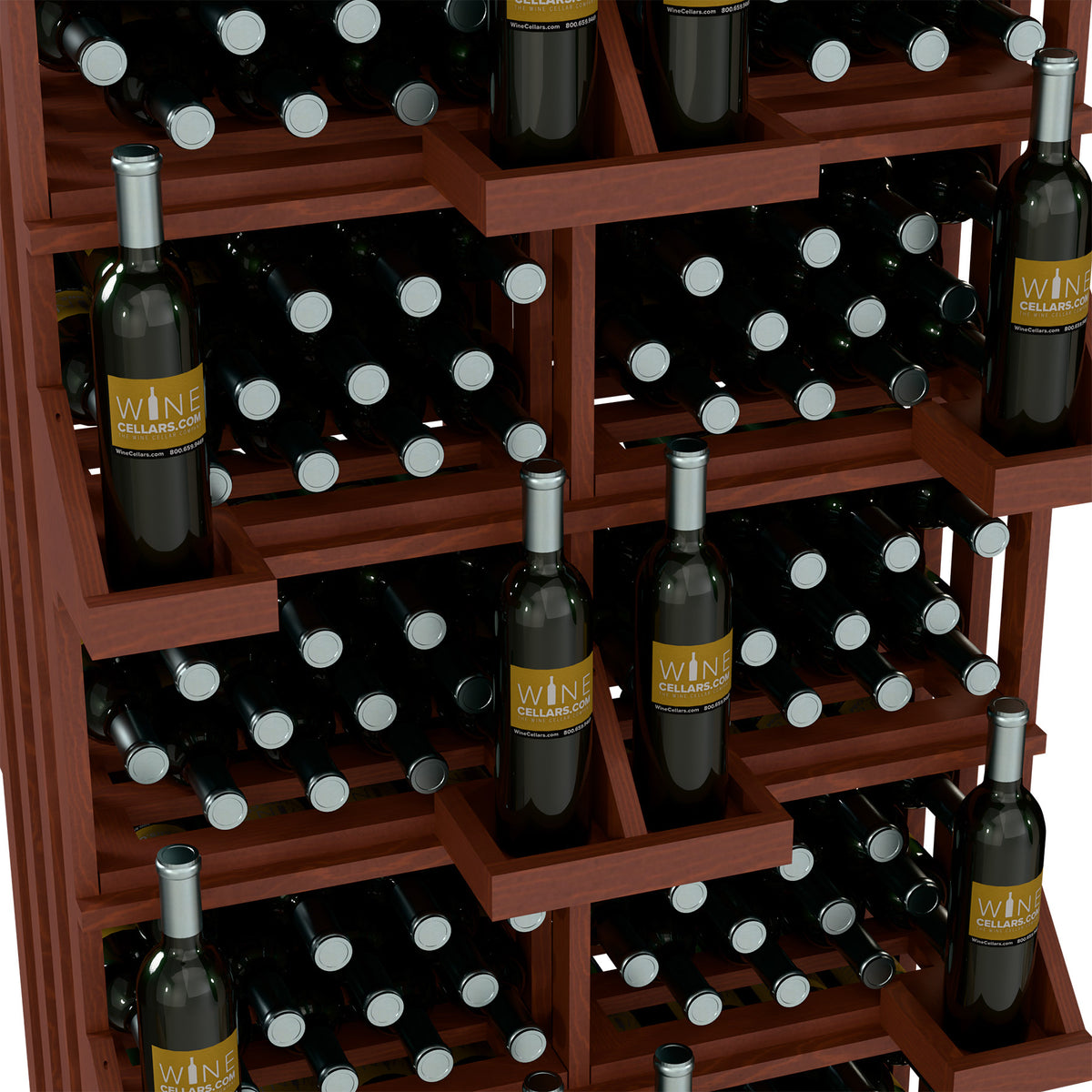 Wine bottle display rack with warm wood shelves holding bottles in front bulk bin and slots