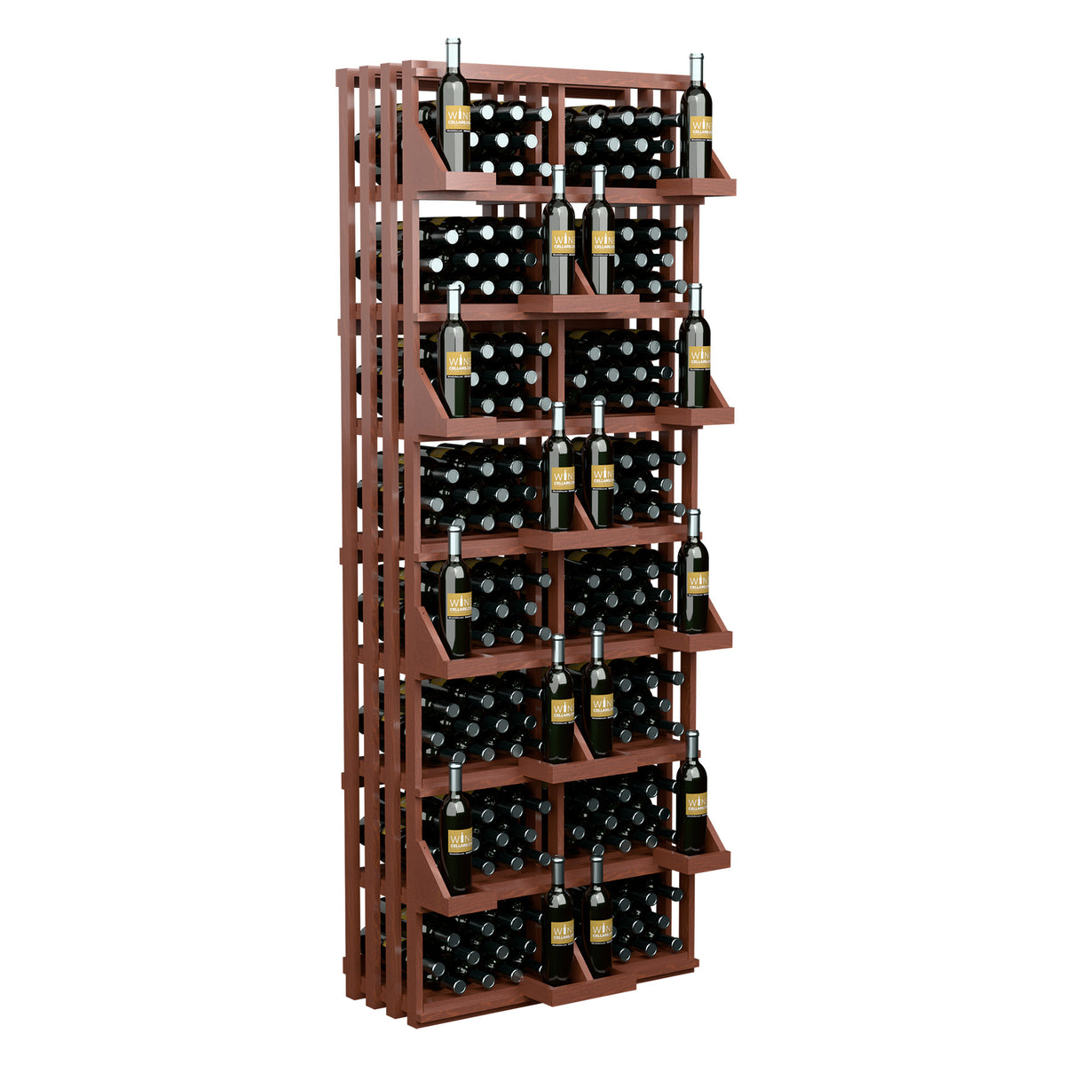 Wood wine bottle wall display rack with multiple open shelves for bottles and bulk storage
