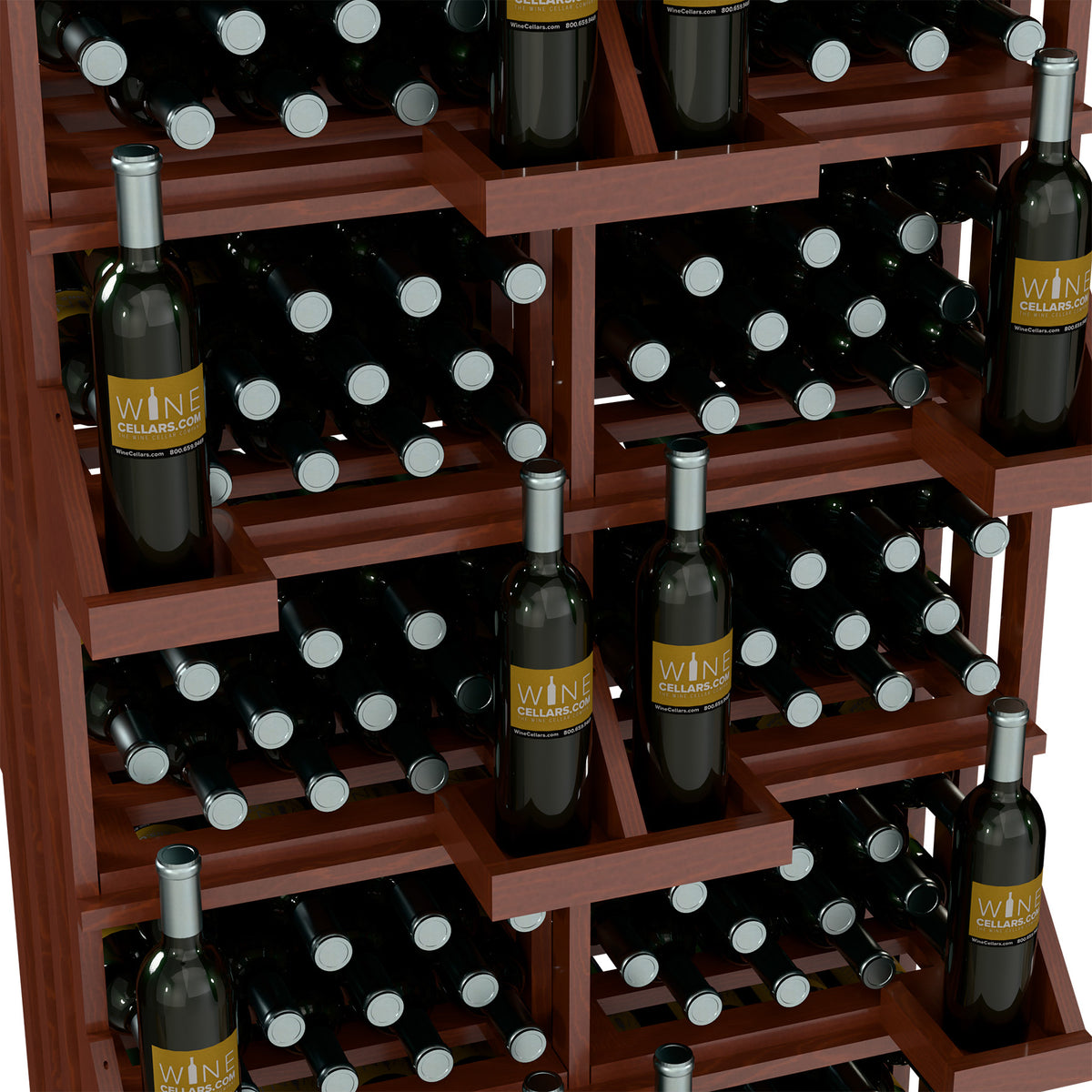 Close-up of wood wine bottle display shelves with stacked dark bottles and caps