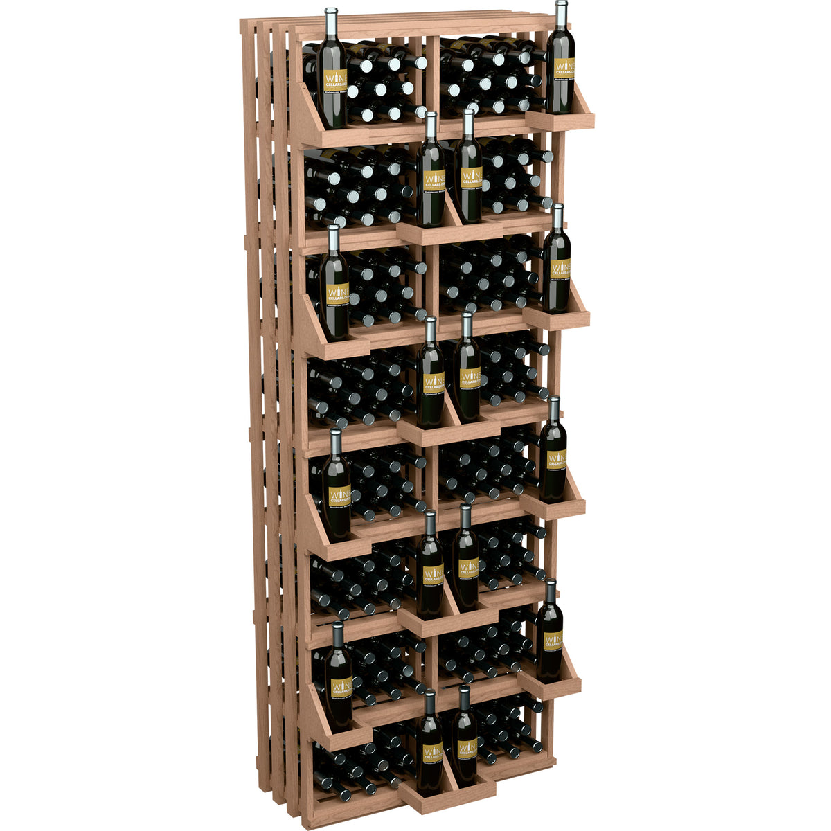Light wood wine bottle wall display rack with slatted frame and stacked bottle compartments