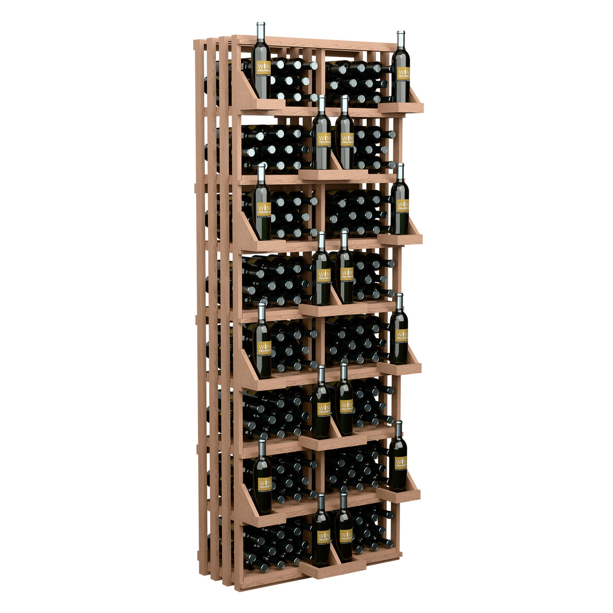 208-bottle commercial wall display with medium brown wood bulk bins and 10-row bottle holders