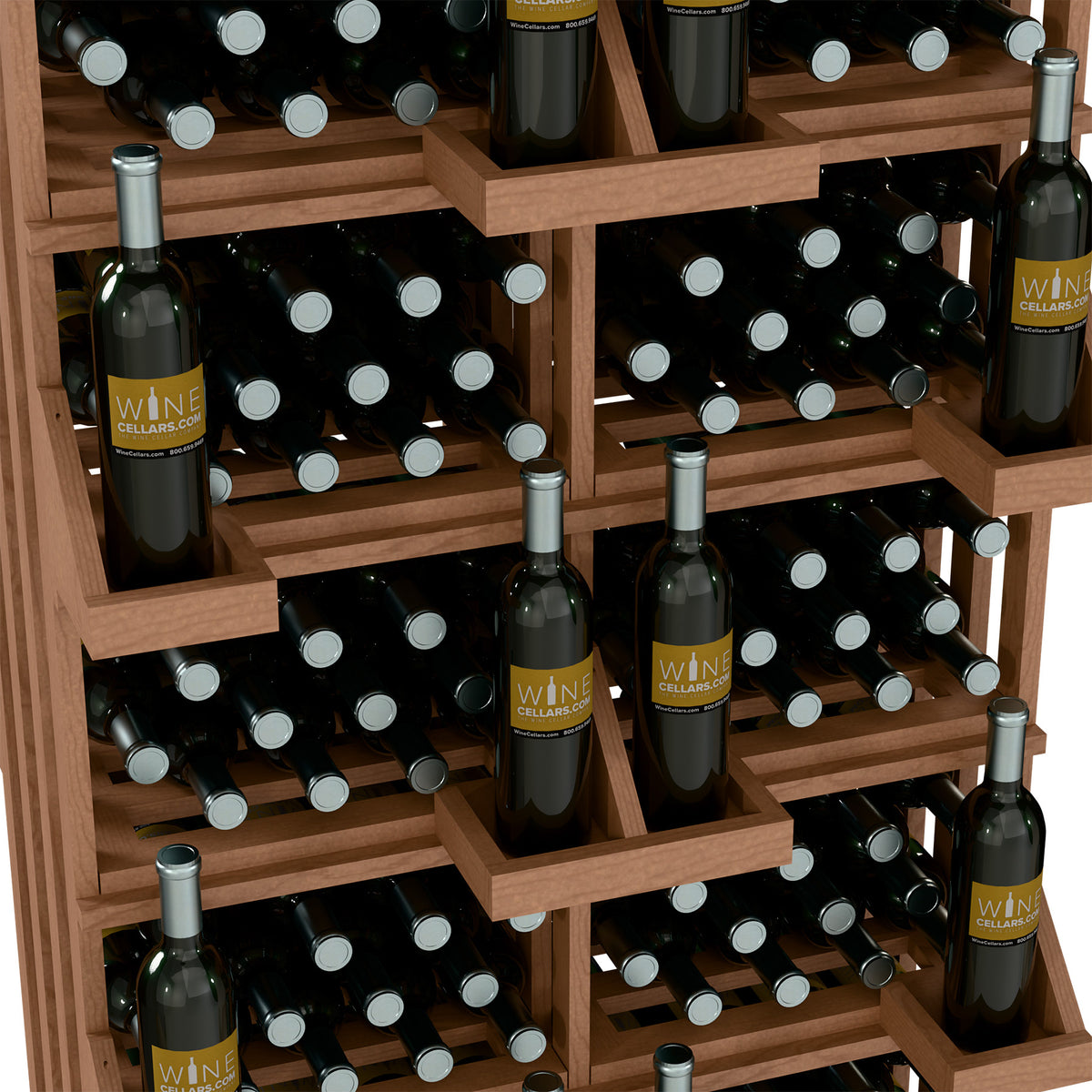 Wood wine bottle wall display with filled compartments and black bottles
