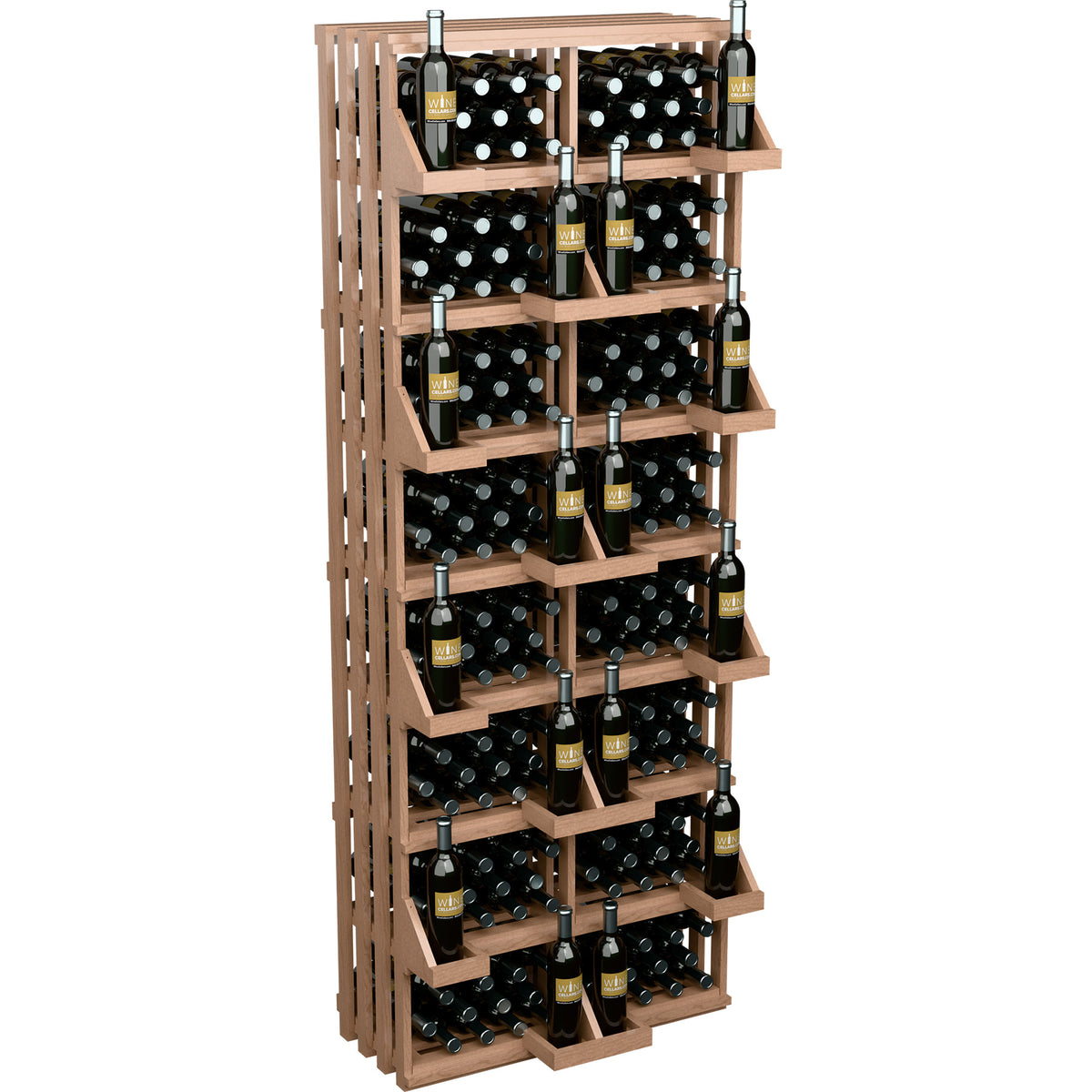 Light wood wine bottle display rack with open cubby shelves and bottle storage