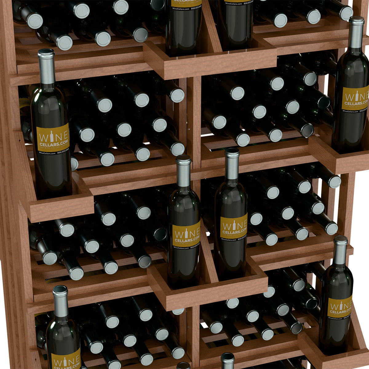 Close-up view of wood wine bottle display shelves with bottles in grid rows