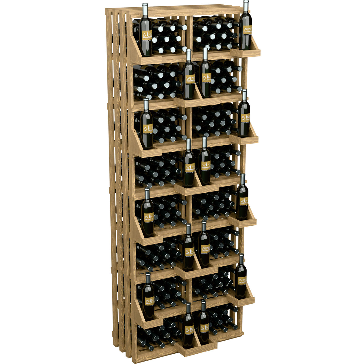 Wood wine bottle wall display with vertical slats and tiered bottle storage