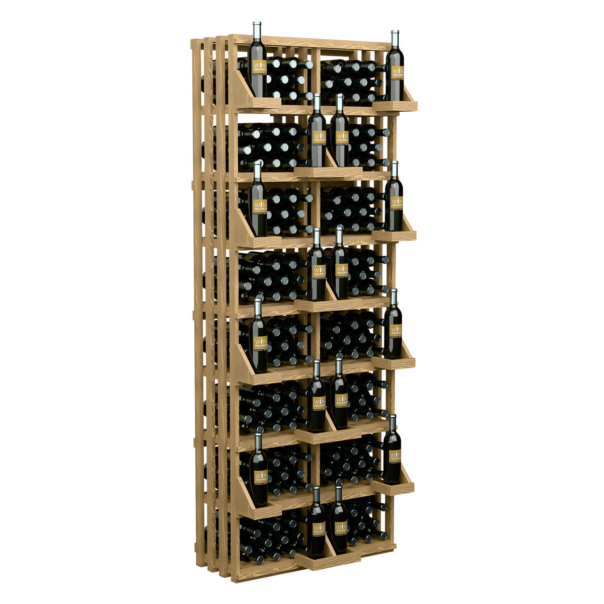 Beige wood 208-bottle wall display with tiered wine bottle cradles and bulk bins