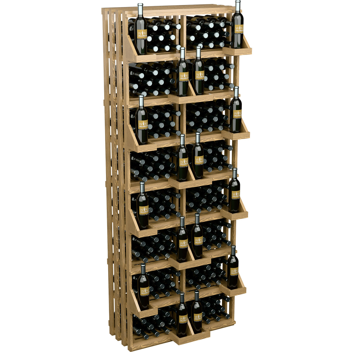 Tan wood wine bottle wall display rack with open shelves for organized bottle storage