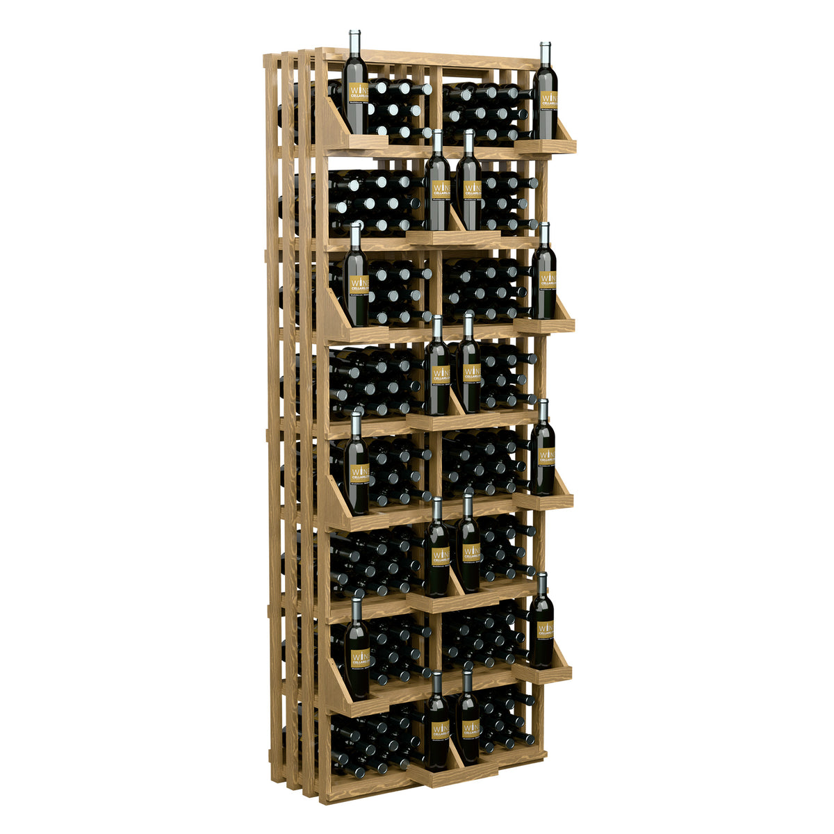 Wood wine bottle wall display rack with multiple horizontal shelves holding bottles