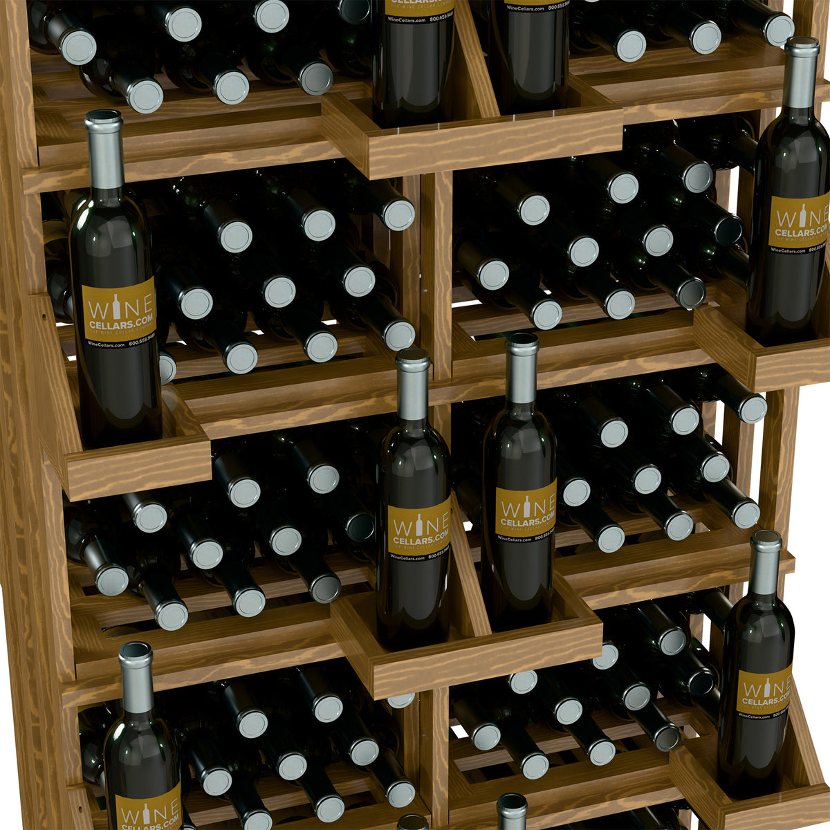 Close-up of wood wine rack shelves with black wine bottles and bundled bottle bins