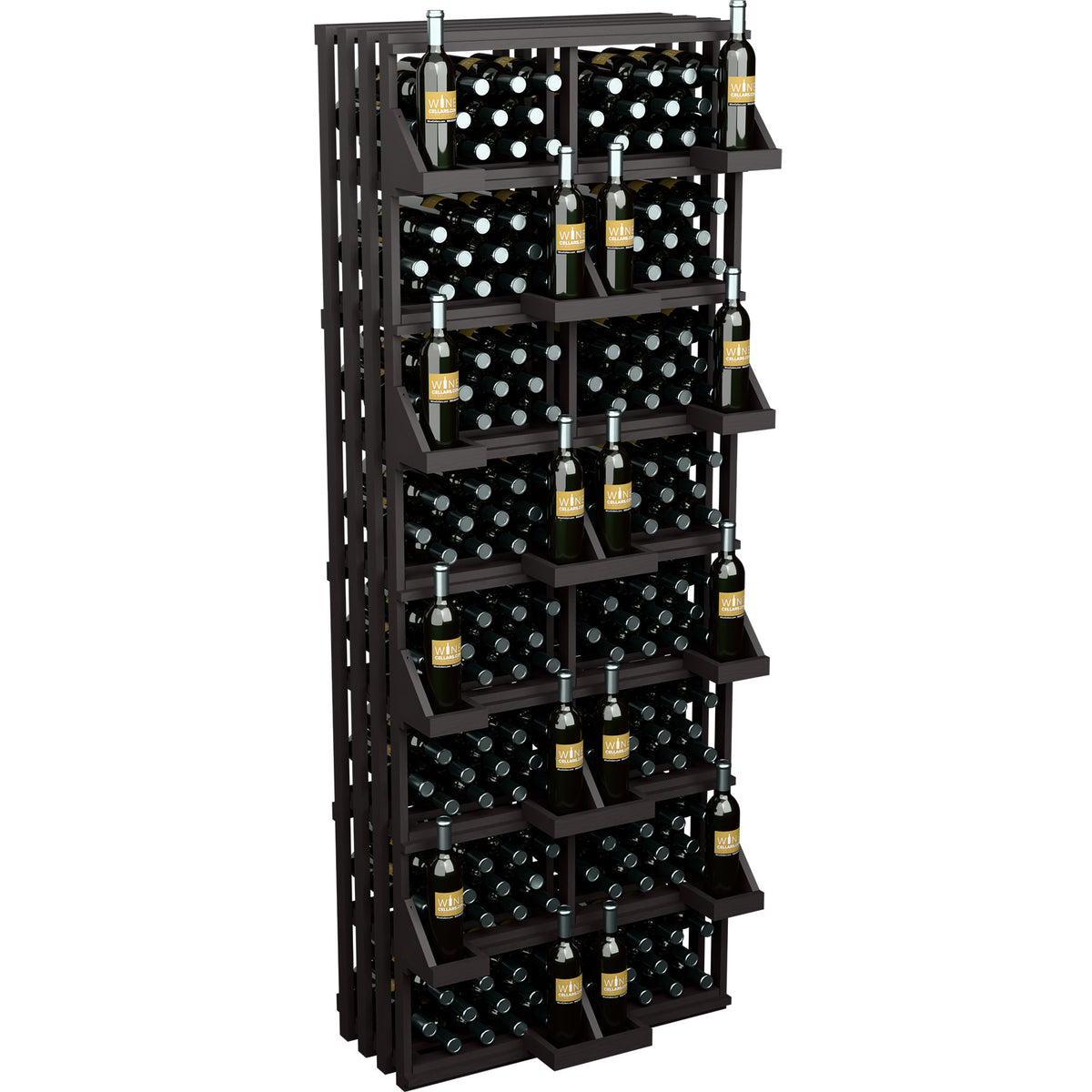 208-bottle commercial wall display with dark wood bulk bins and 10-row bottle holders