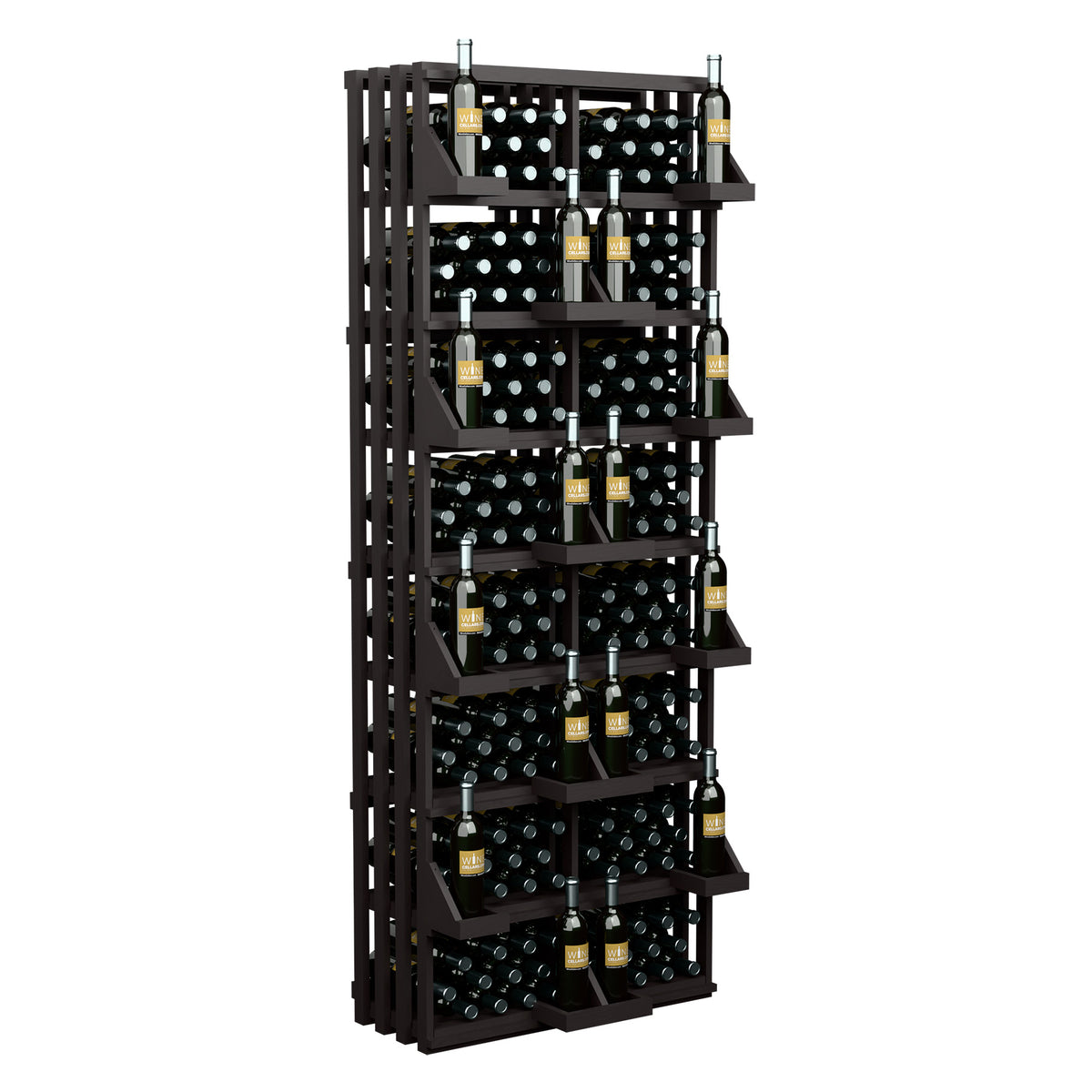 Commercial wall bottle display rack with black grid bins and wine bottles, black frame