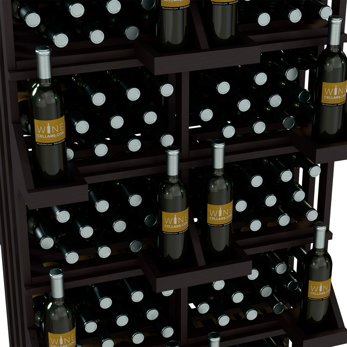 Close-up of black wine bottle display with bottle sleeves and peg-style bottle storage