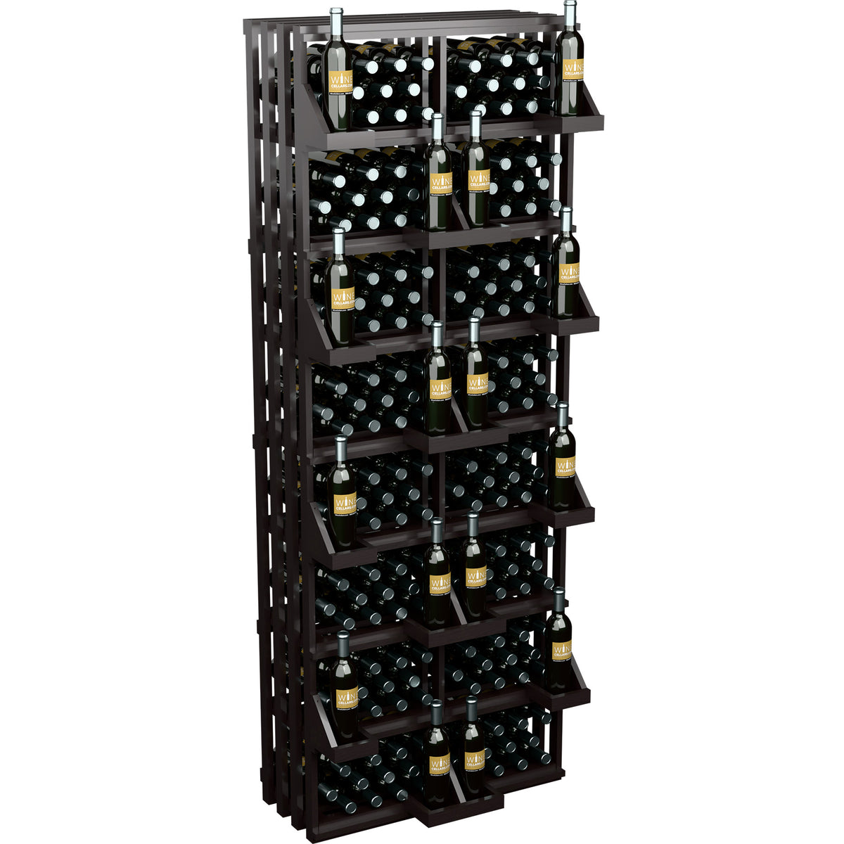 Dark wood wine bottle wall display rack with filled shelves of black bottles