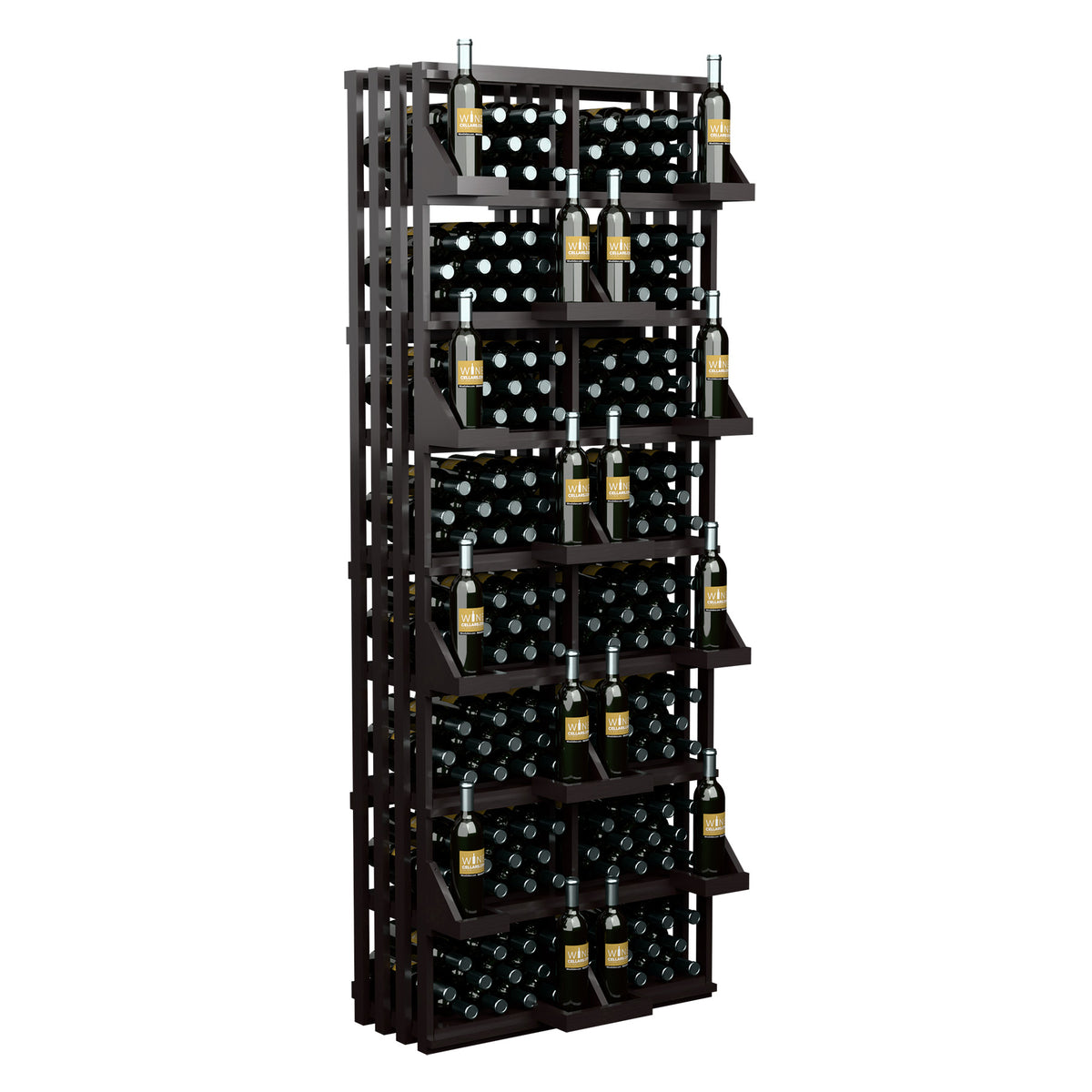 Gray wood wine bottle wall display rack with grid sides and multiple bottle shelves