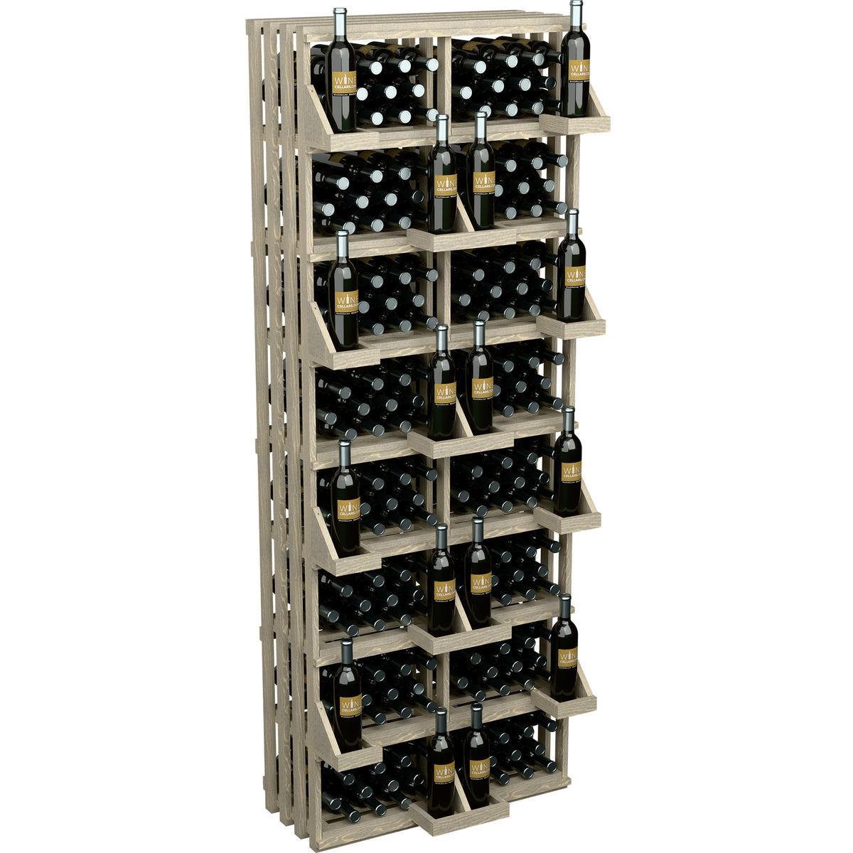 Stained wood wine bottle display rack with vertical slats and rows of bottle cubbies