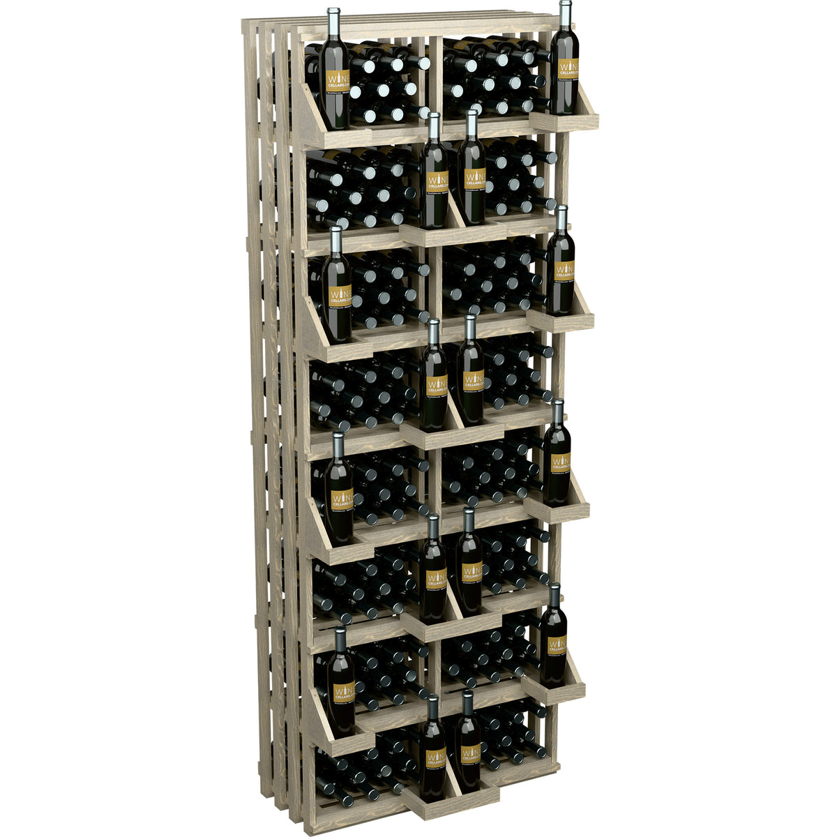 Light wood wine bottle wall display rack with open side slats and stacked shelves