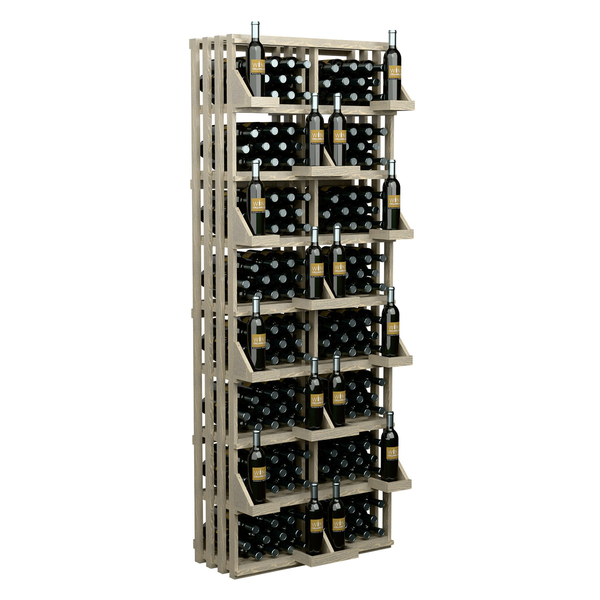 Natural wood wine bottle wall display rack with vertical side slats and many shelves