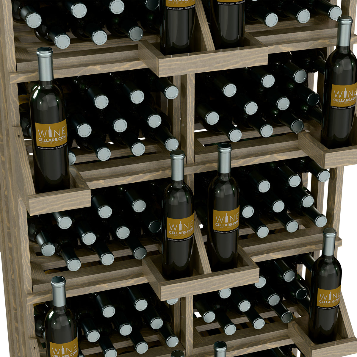 Close-up of light wood wine bottle bins with black bottles on stacked horizontal shelves