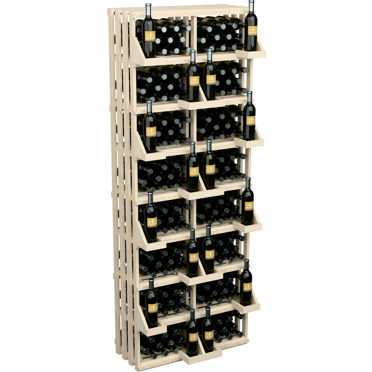 Light wood wine bottle wall display with stacked shelves for many bottles