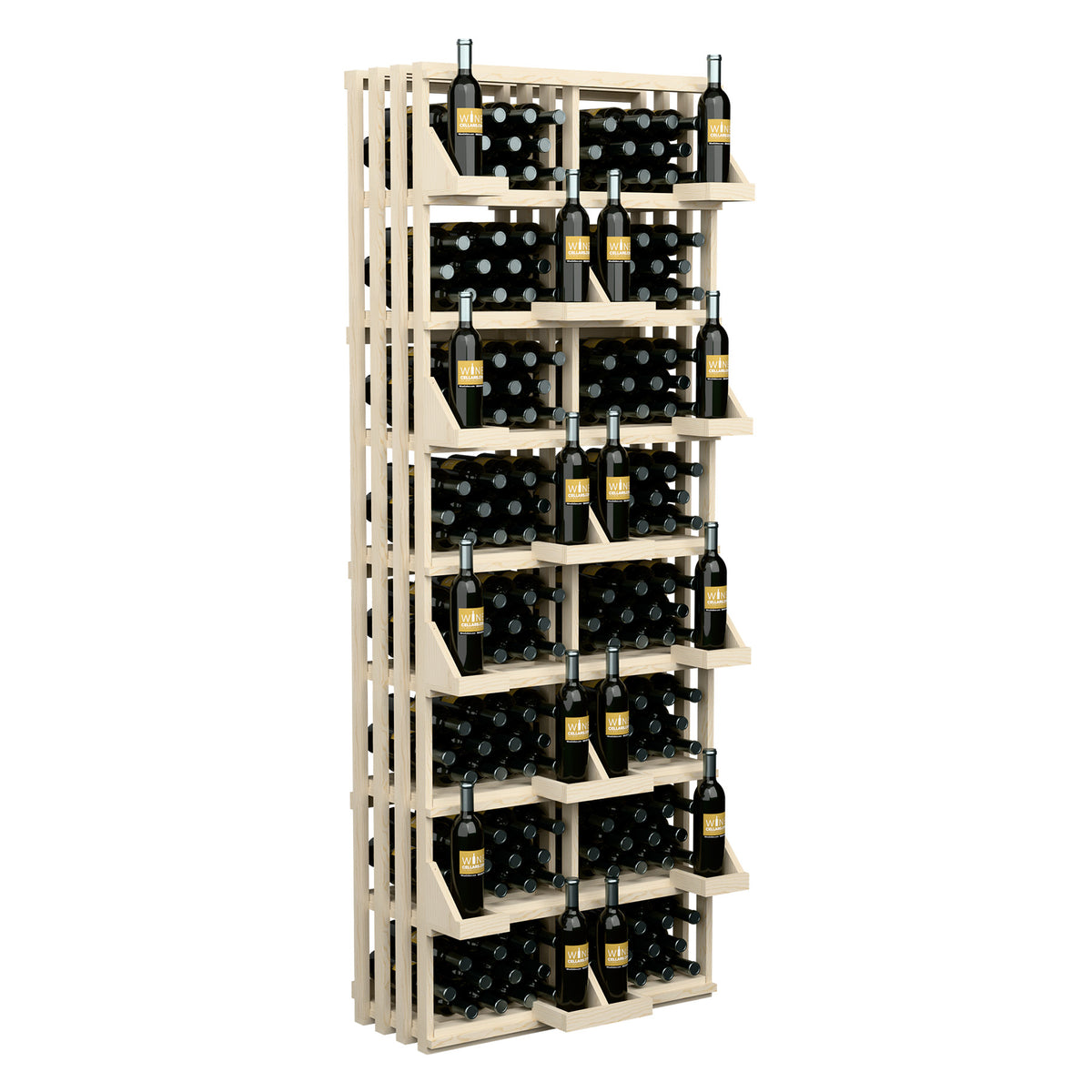 208-bottle commercial wall display with pale wood bulk bins and 10-row bottle holders