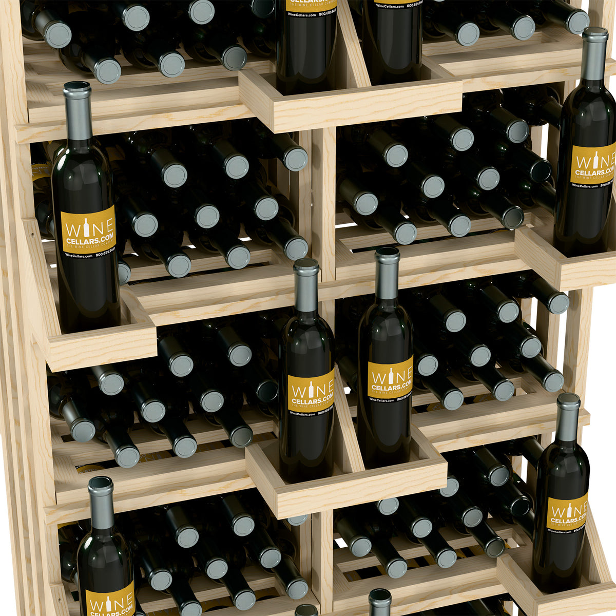 Wood wine bottle wall display with tiered shelves and rows of dark wine bottles