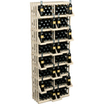 Light wood wine bottle wall display rack standing with many filled bottle shelves