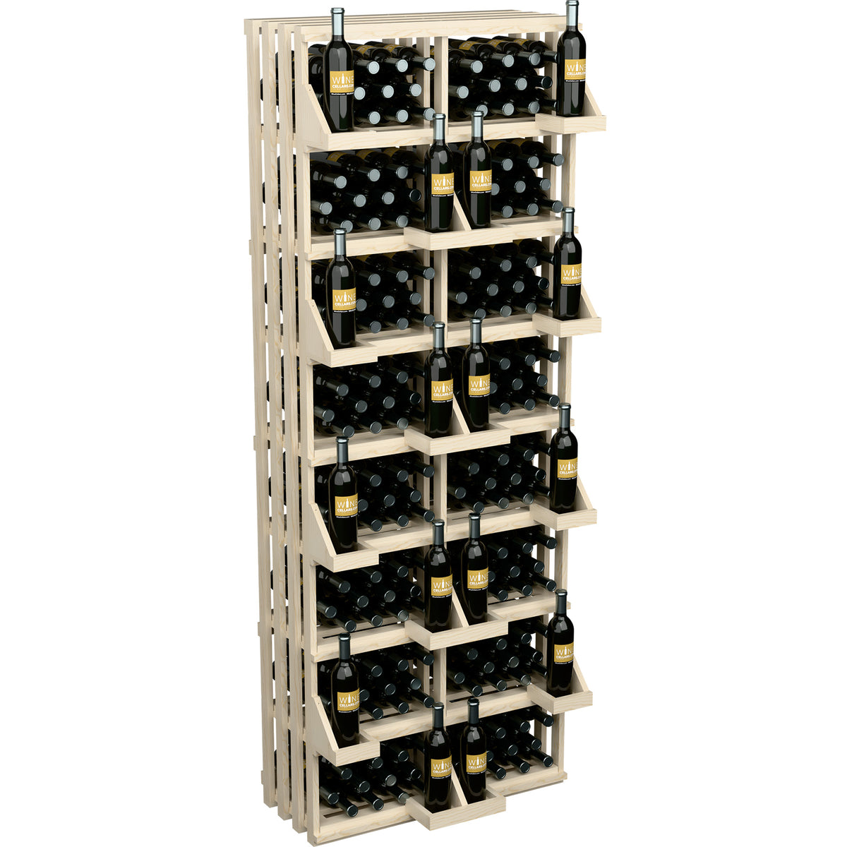 Light wood wine bottle wall display rack standing with many filled bottle shelves