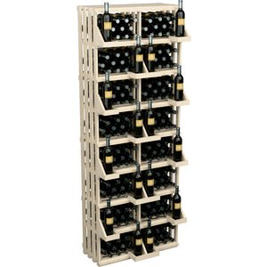 Light wood wine bottle wall display rack standing with many filled bottle shelves