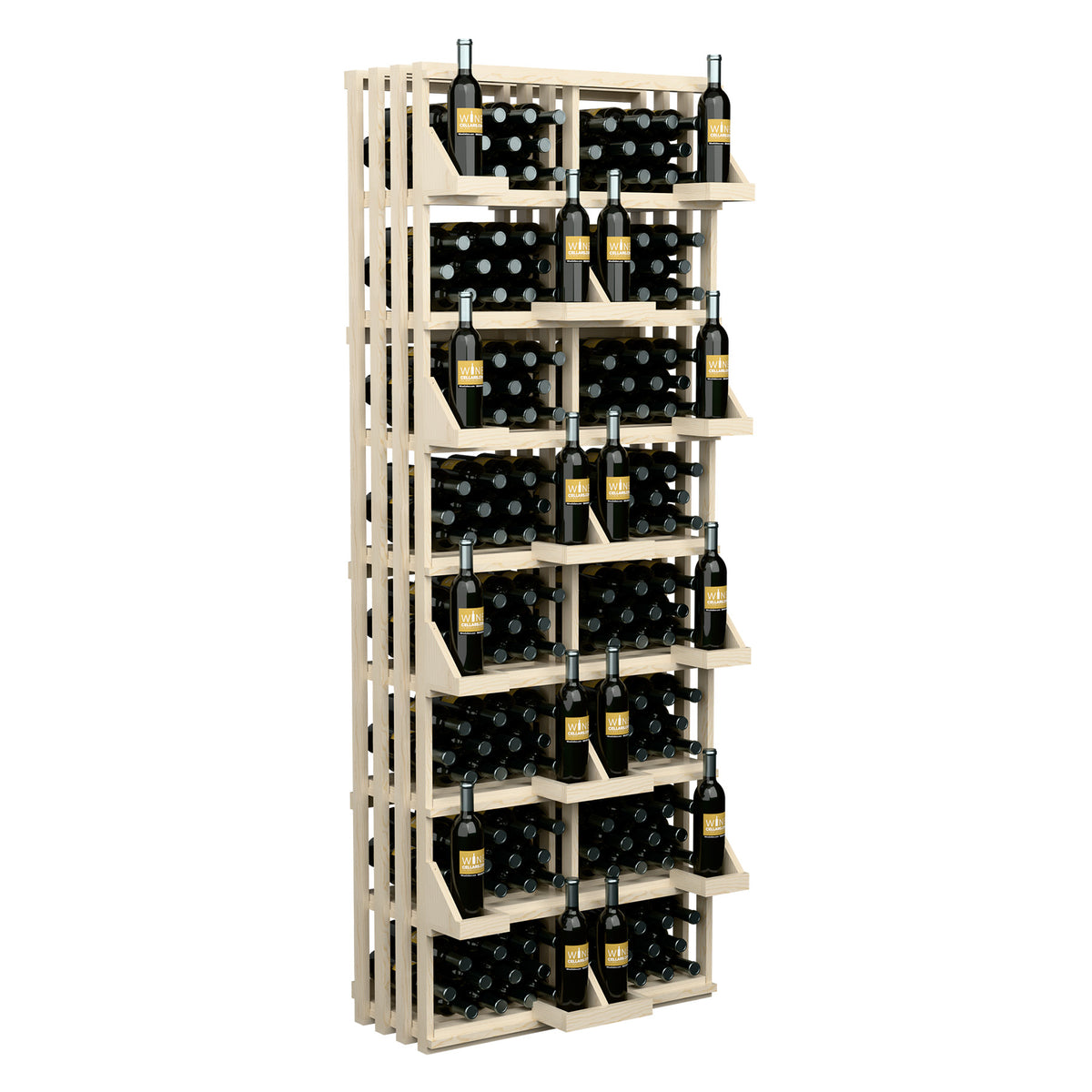 Natural wood wine bottle wall display rack with vertical supports and rows of bottles