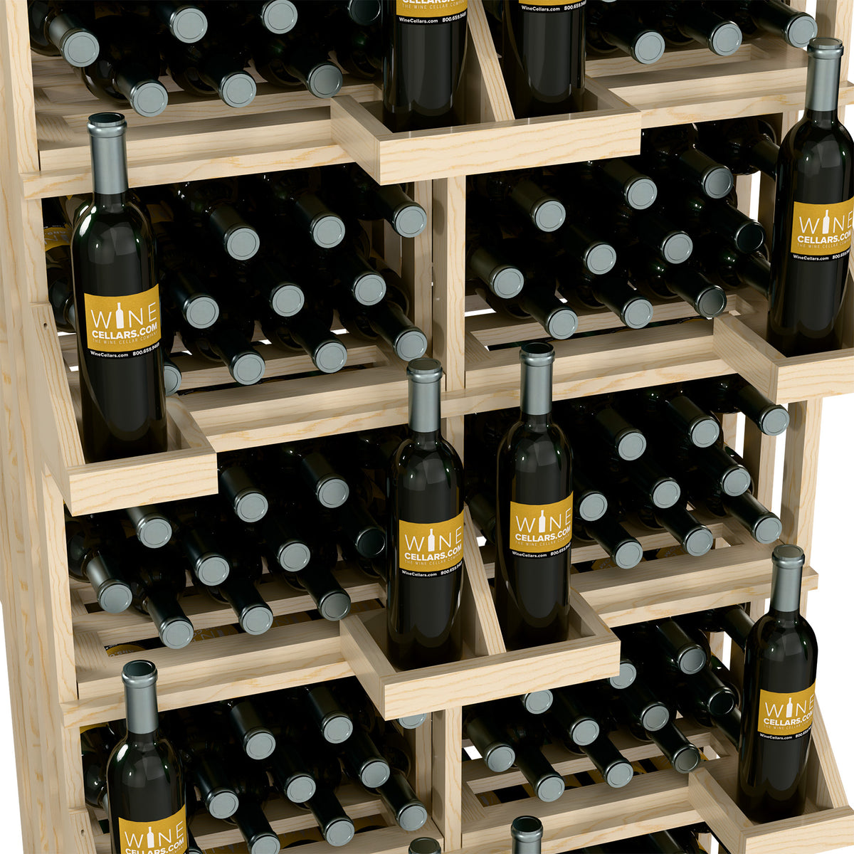 Wood wall wine bottle display with open bulk bins for multiple bottles