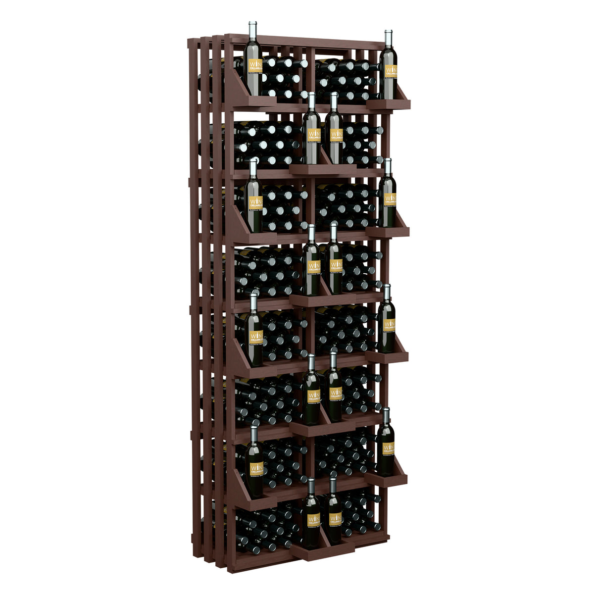 208-bottle commercial wall display with dark brown wood bulk bins and 10-row bottle holders