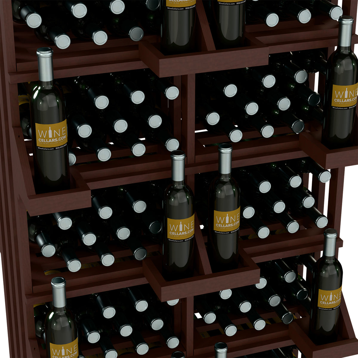 Close-up of wine bottle wall display showing wine bottles in tiered wooden compartments