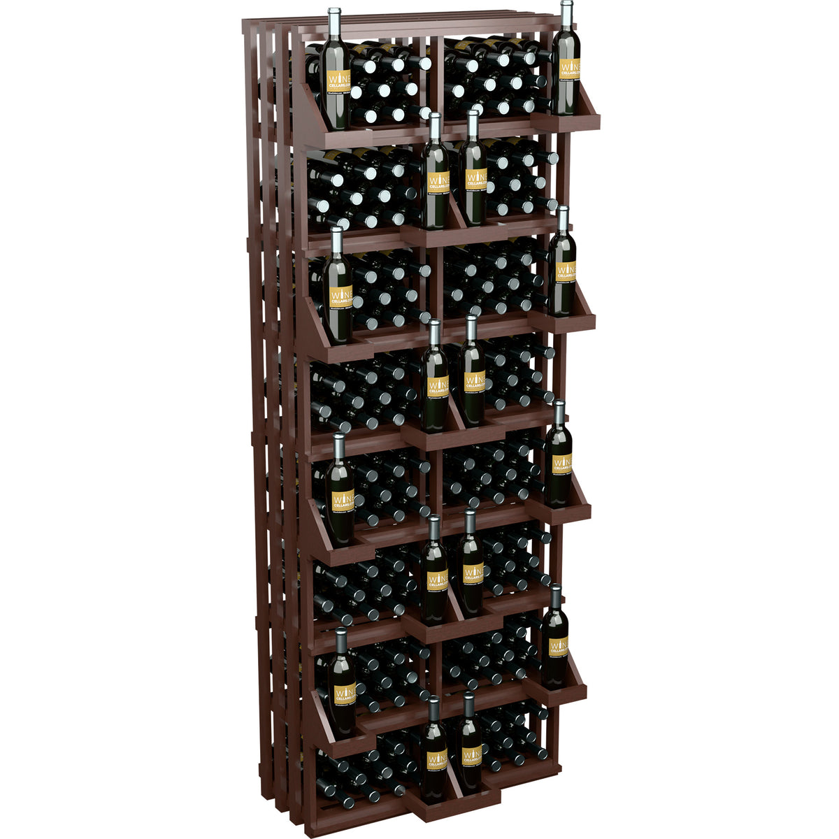 Dark wood wine bottle wall display with stacked cubby shelves and bulk bins