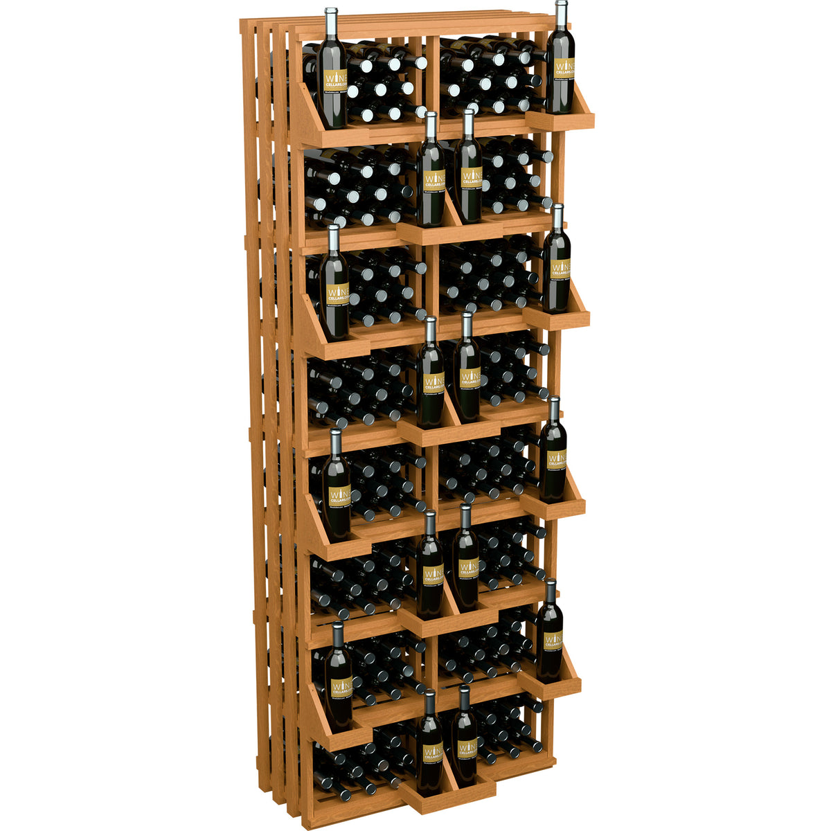 Natural wood wine bottle wall display with multiple shelf levels for bottles