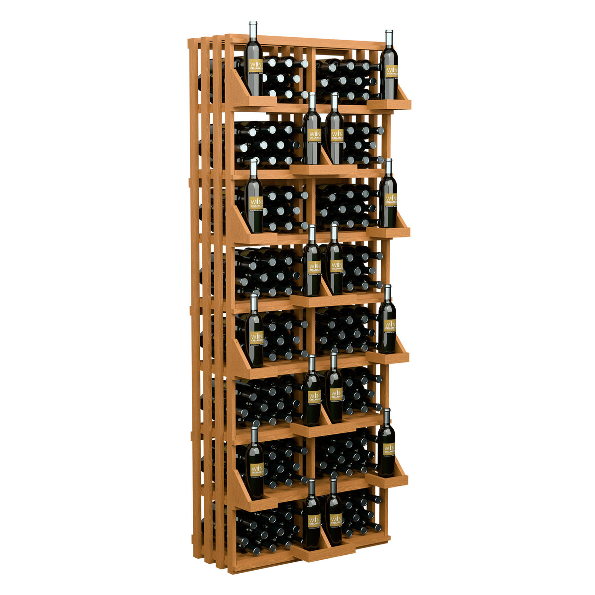Wood wall bottle display with open bulk bins and black bottle holders, many bottles