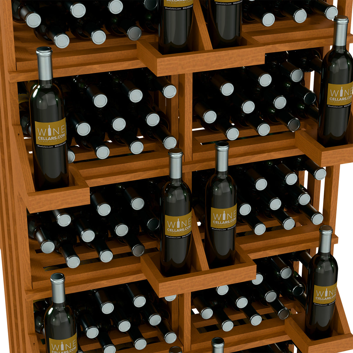 Wood wine bottle display bins with rows of dark bottles and silver bottle caps