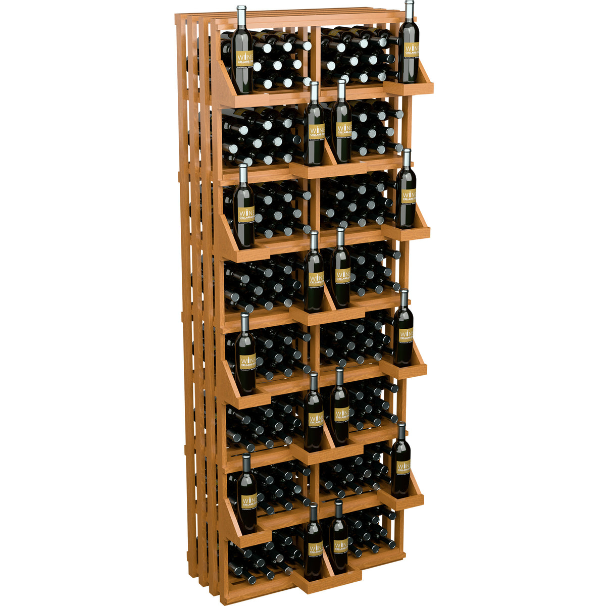 Light wood wine bottle wall display with stacked shelves and open bulk bins