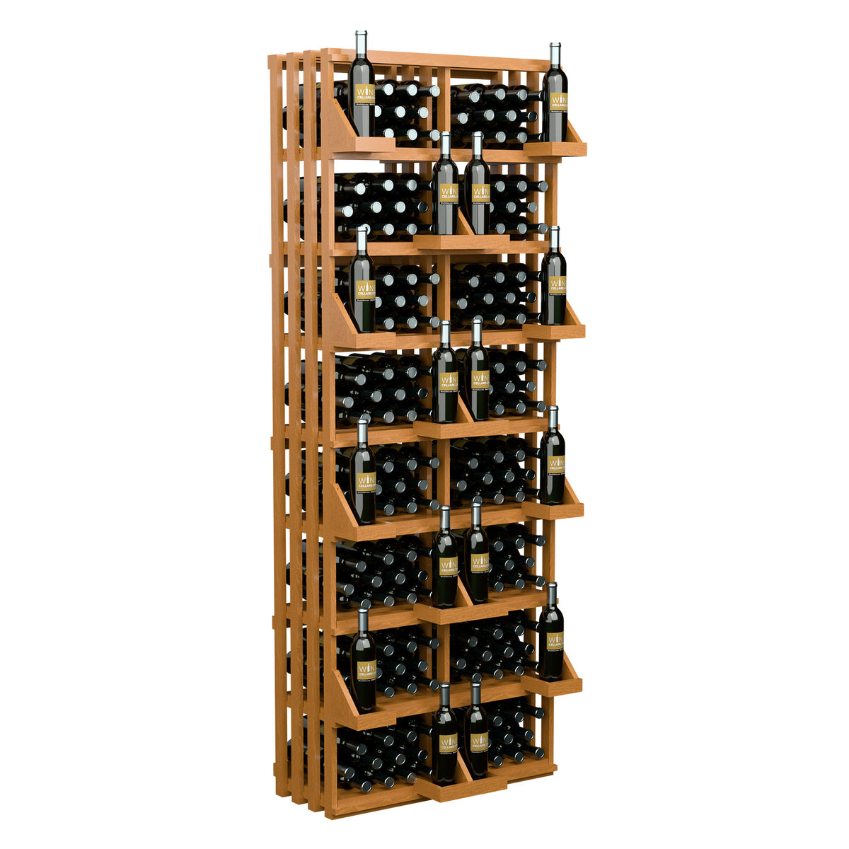 Light wood wine bottle display rack with open cubby shelves for bottles