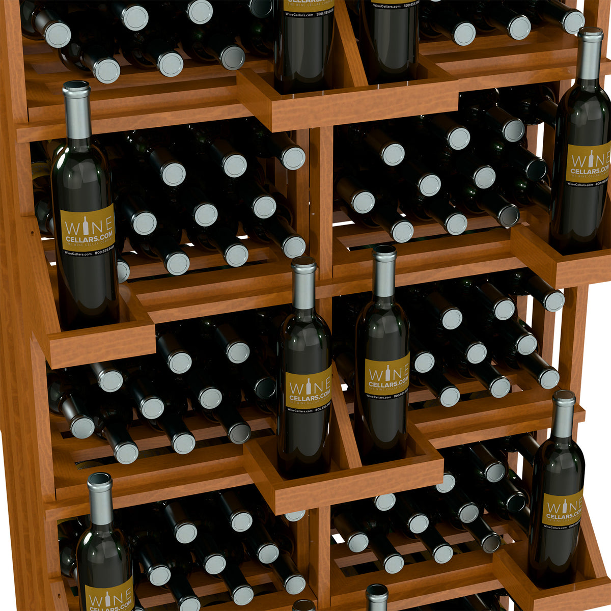 Light wood wall wine bottle display with cubby shelves and multiple bottle placements