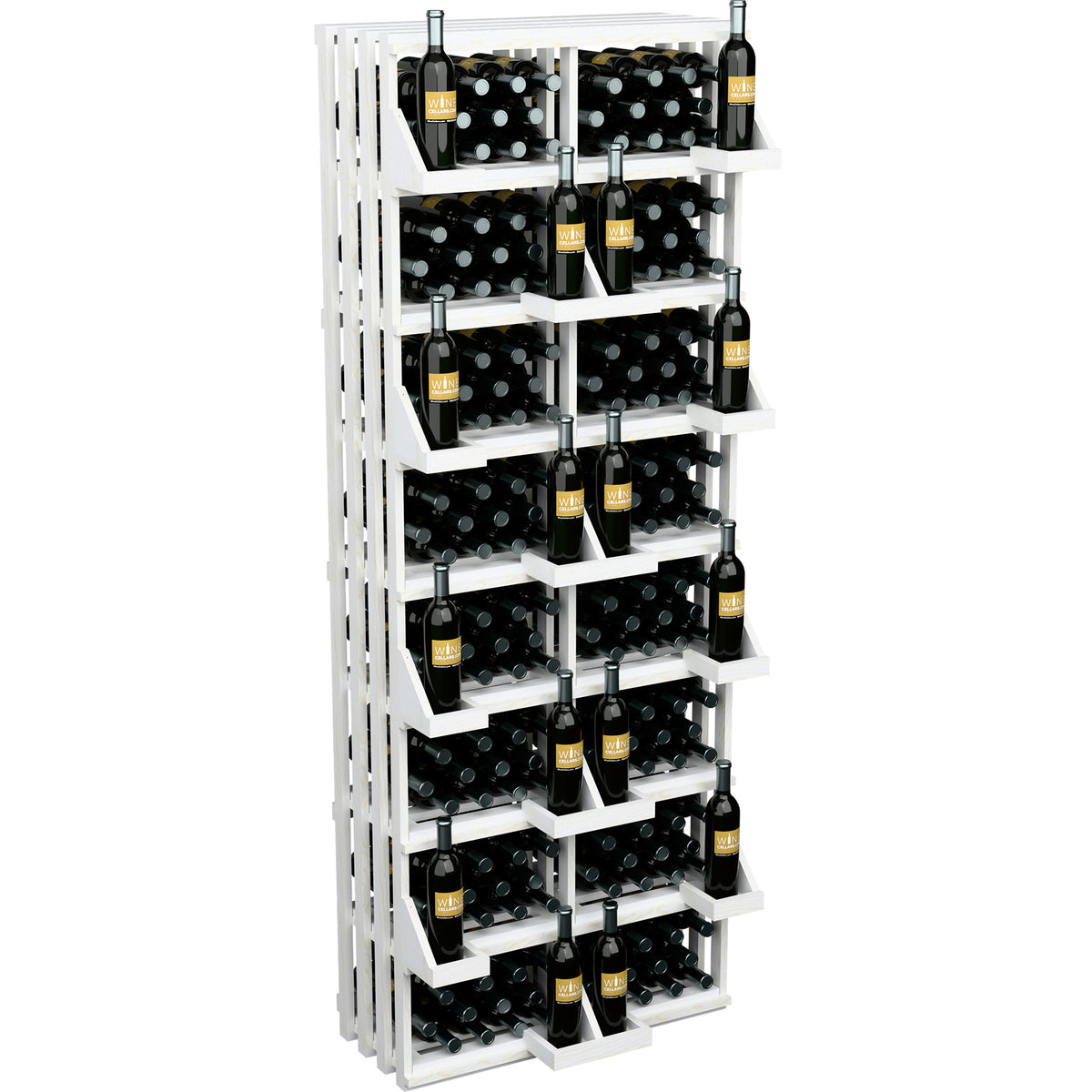 White wall bottle display with open bulk bins and black bottle holders, angled front view