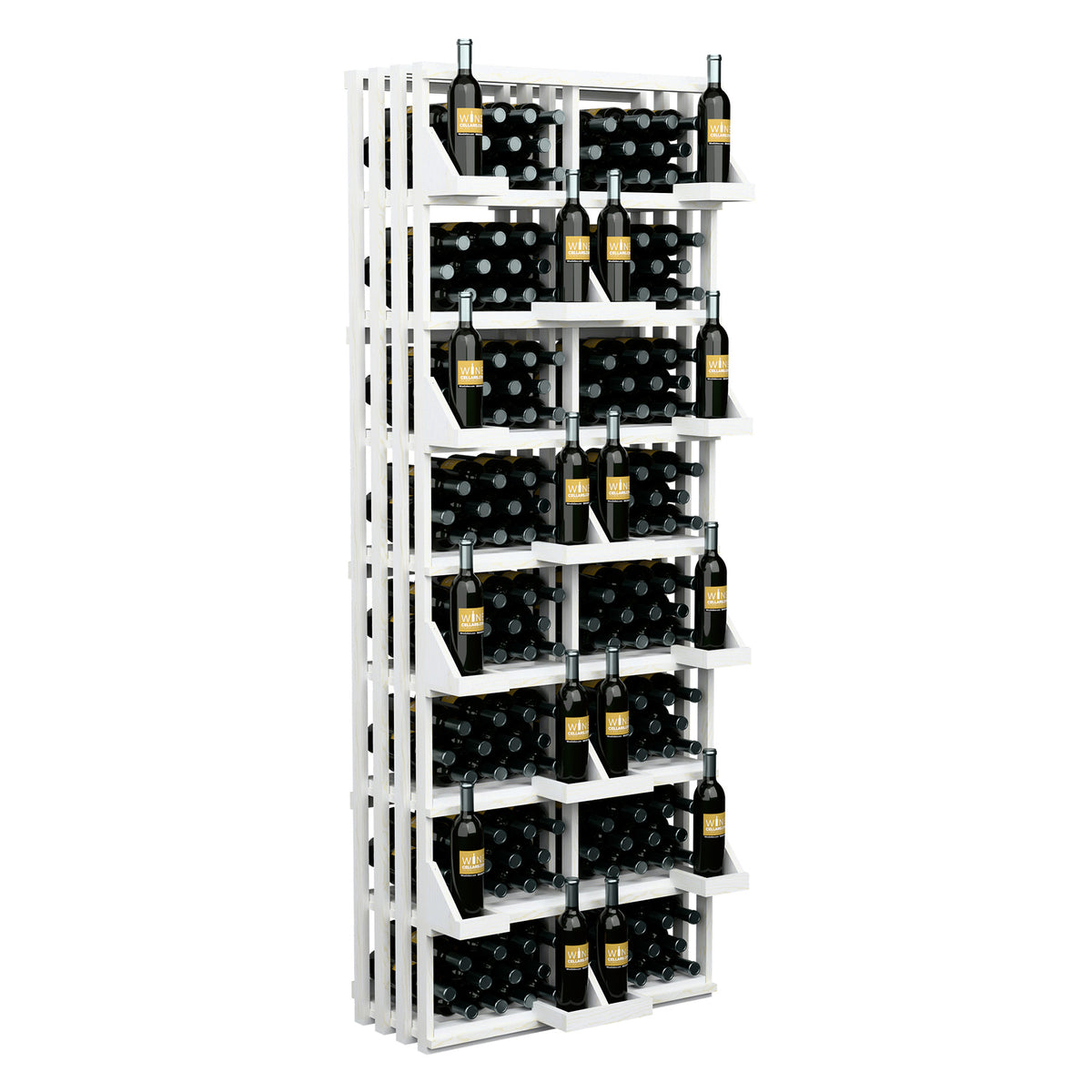 208-bottle commercial wall display with white wood bulk bins and 10-row bottle holders