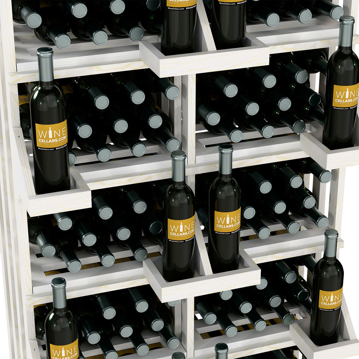 Wooden wine bottle wall display with open cubbies holding multiple dark bottles