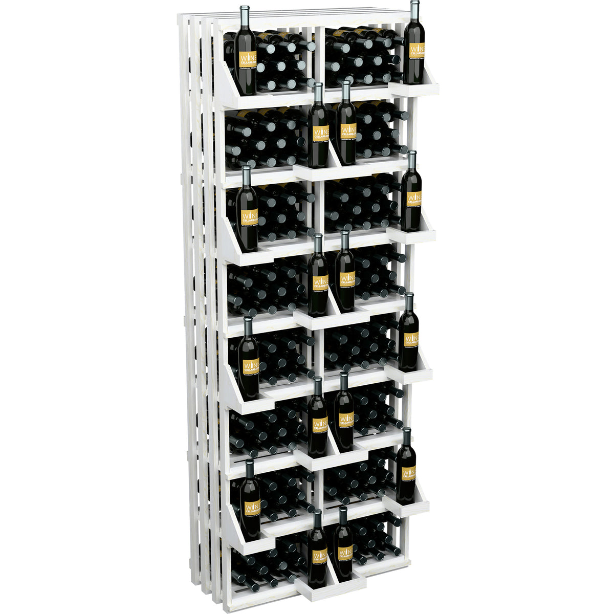 White wood wine bottle wall display with stacked shelves and open bulk bin slots